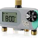 QUOBAS Sprinkler Timer for Garden Hose with Child Lock, Programmable Brass Digital Water Timer 4 Zone for Drip Irrigation, Pool, with Rain Delay/Auto/Manual, Waterproof Screen & Battery Powered