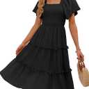 LILLUSORY Women's Summer Casual Flutter Sleeve Square Neck Smocked Midi Dress (Black, Small)