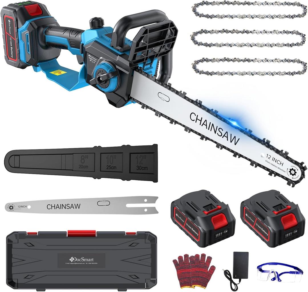 DocSmart Chainsaw Cordless 12 Inch, Electric Chain Saw with 2*4000mAh Rechargeable Batteries, Powerful Handheld Saw for Tree Trimming Wood Cutting, Perfect Gardening Tools for Thick Branches and Logs
