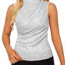 Sparkly Sequin Tank Tops for Women Glitter Sleeveless Cami Crop Vest Shimmer Club Party Top Shirts Silver White Small