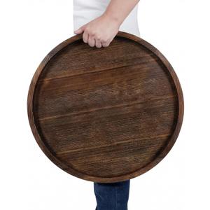 Round Ottoman Tray for Coffee Table Living Room Wood Serving Tray Large Wooden 24 Inches Rustic Brown