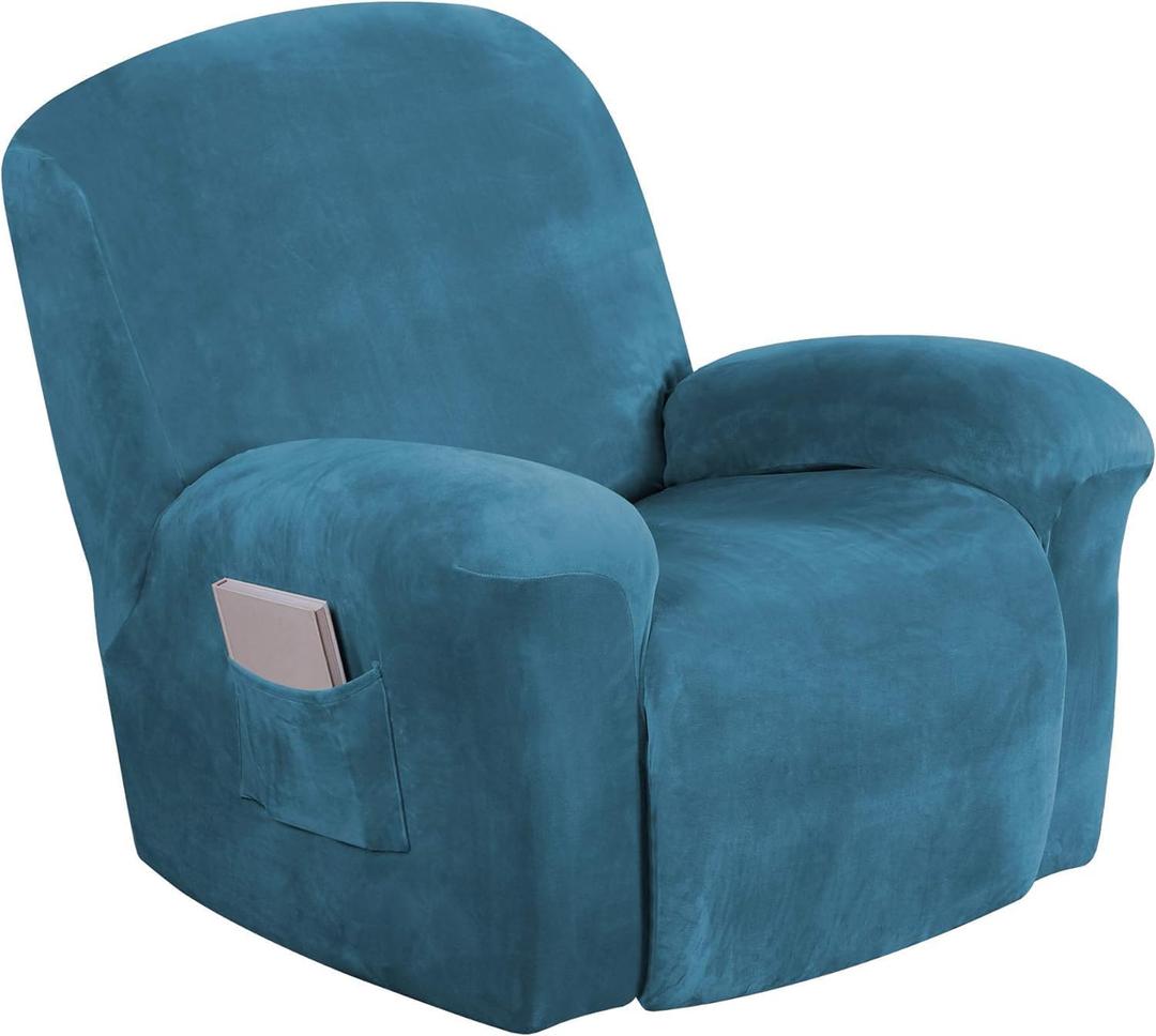 Turquoize Velvet Recliner Covers with Pocket Recliner Chair Cover Stretch Recliner Slipcovers 1 Piece Velvet Recliner Furniture Cover/Protector for Recliner with Elastic Bottom(Recliner, Peacock Blue)