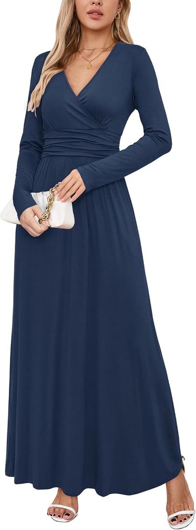 OUGES Women's Long/Short Sleeve V-Neck Wrap Waist Maxi Dress, Small, A-navy