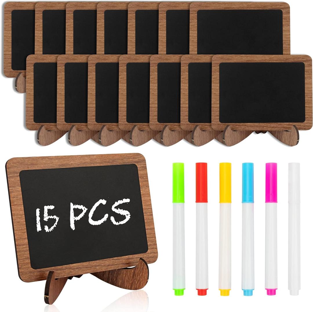 Temlum 15 Pcs Mini Chalkboard Sign with 6 Color Chalk Markers, 2.9 x 3.9 Wooden Blackboard Reusable Small Chalkboards for Food, Buffet, Parties, Message Boards, Table Numbers (Rectangular)
