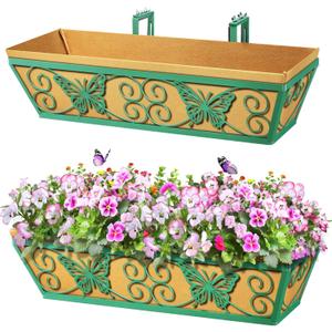 2 Pack 24 Inch Window Boxes Planters Railing Planter Box with Adjustable Brackets for Porch Fence Patio Balcony Hanging Flower Baskets with Woven Fabric for Outdoor Garden Decor - Green