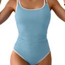 One Piece Swimsuit for Women Tummy Control Slimming Bathing Suit Color Block Swim Suit Swimwear (Large, Light Blue)