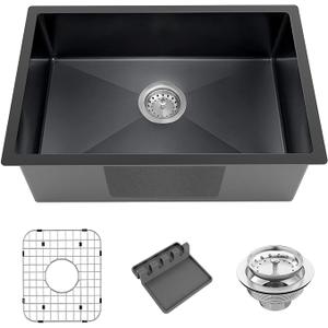 Black Kitchen Sink, Undermount Stainless Steel Bar Sink 27x18x9 Inch Drop In Single Bowl Kitchen Sink With Accessories-Sink Grid,Spoon Rest,Drain Assembly Set For Modern Kitchen Sink