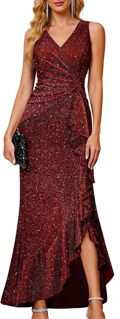 BeryLove Sequin Formal Wedding Guest Prom Cocktail Party Long Ruffle Dresses Sparkly Evening Mother of The Bride Dress,  Burgundy Medium