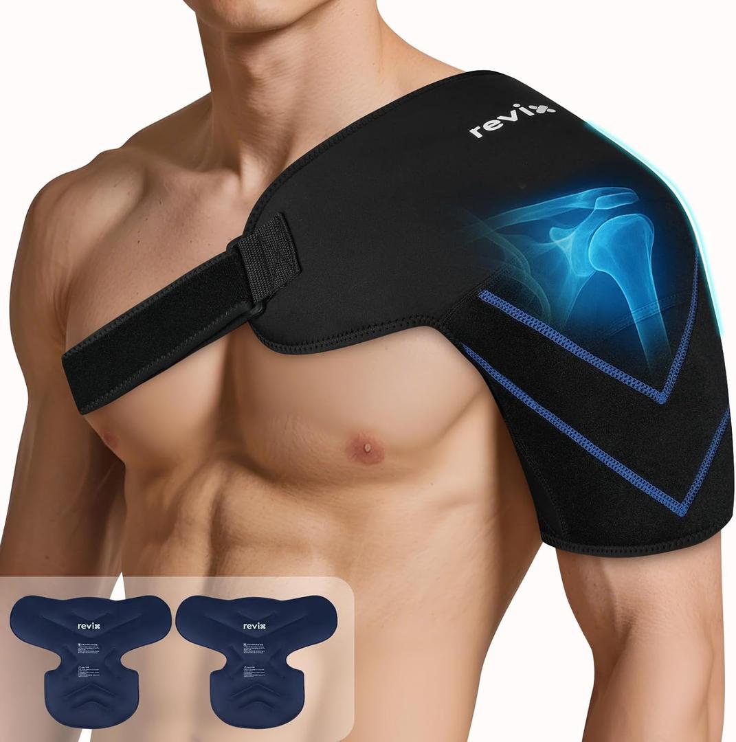 REVIX Large Shoulder Ice Pack Wrap, 2 Gel Packs+1 Shoulder Brace for Rotator Cuff and Arm, Reusable Gel Cold Therapy Wrap for Discomfort Relief & Muscle Relaxation, Easy to Wear & Remove