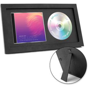 CD Display Frame, 14.2"x7.7" Signed CD Cases and Discs Holder, Wall Music Decor with Real Glass, Black Mat
