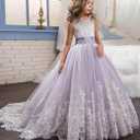 Flower Girl Dresses for Wedding Lace Appliques Princess Pageant Dress Tulle First Communion Dress for Girls, Size 8