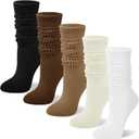 5 Pairs Slouchy Socks for Women, Soft Cotton Long Scrunch Tube Stockings, Casual Crew Boot Thick Knit Slouch Socks (Black, Coffee, Camel, Beige, White)