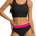 NECIOUS Girls Swimsuit Two Piece High Waist Sporty Bikini Sets Color Block Bathing Suit with Chest Pad Girls' Swimwear, size 15-16Y
