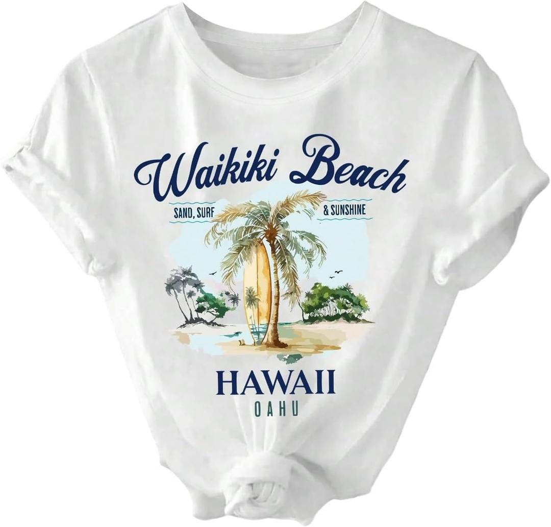 SweatyRocks Women's Letter Tropical Graphic T Shirts Summer Crewneck Short Sleeve Tee Tops (L)