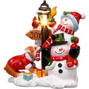 Wonderjune Christmas Snowman Table Decoration Lighted Snowman Figurine with Lamppost Lantern Tabletop Resin Collectibles Batteries Operated Xmas Statues Centerpiece Festive Gift Indoor Home