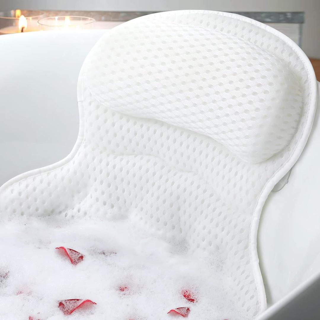 Bath Pillow Bathtub Pillow, Luxury Bath Pillows for Tub Neck and Back Support, Bath Tub Pillow Headrest with Soft 4D Mesh Fabric and Non-Slip Suction Cups, Relaxing Bath Accessories Spa Gifts (White)