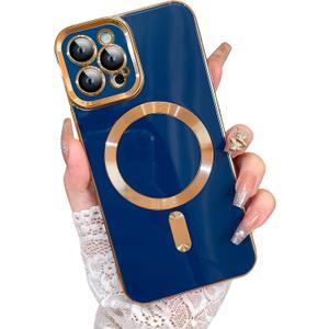 OOK Magnatic Case for iPhone 12 Pro Case [Compatible with MagSafe] Full Camera Lens Protector Gold Electroplate Edge Soft TPU Shockproof Protective Phone Case for Women Men 6.1 Inch - Blue