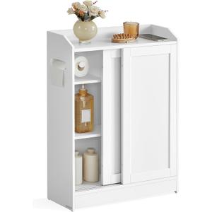 VASAGLE Narrow Storage Cabinet, Slim Floor Cabinet with Sliding Doors, Toilet Paper Holder and Brush Compartment, for Bathroom and Living Room, 7.9 x 23.6 x 31.5 Inches, Cloud White UBBC752W01