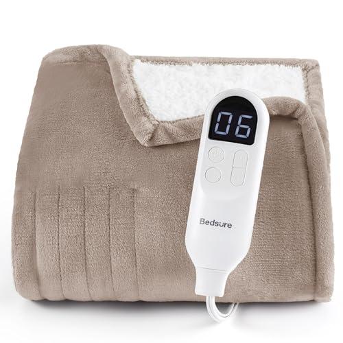Bedsure Heated Blanket Throw Blanket - Fast Heating Electric Blanket, Soft Flannel Throw with 6 Time Settings(Up to 10H), 6 Heating Settings, Gifts for Grandma Grandpa Seniors (50"x60", Taupe)