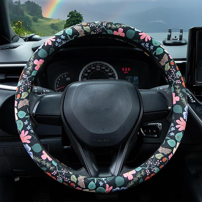 Flowers and Strawberries Steering Wheel Cover Auto Leather Steering Wheel Protector, Anti-Slip, Breathable, Absorbing Sweat, Universal Car Accessories 14.515 inch,Fit for Most Car, Trucks, SUV
