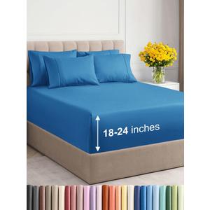 Extra Deep Cal King Sheet Set - 6 Piece Breathable & Cooling Sheets - Hotel Luxury Bedding Set w/18-24 Inch Extra Deep Pockets - Easy Fit - Super Soft, Wrinkle Free & Comfy - Denim Blue, Cal King Size