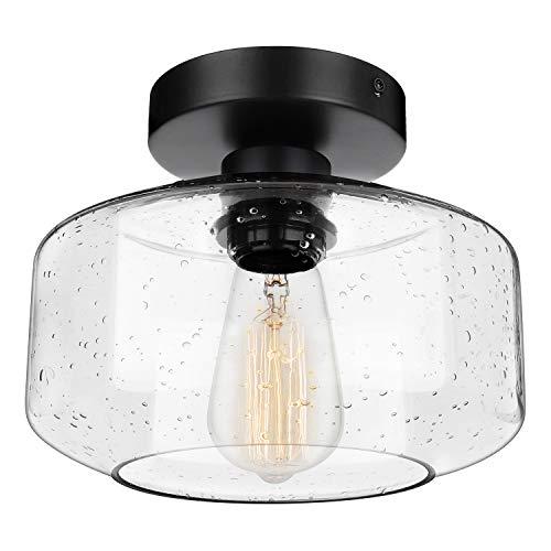 SunRider Industrial Semi-Flush Mount Ceiling Light Fixture, Modern Seeded Glass Pendant Lamp, Black Farmhouse Hanging Lighting for Bedroom Hallway