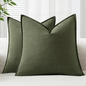 EMEMA Decorative Linen Throw Pillow Covers 22x22 Inch Dark Olive Green Boho Farmhouse Neutral Couch Throw Pillows for Bed Pack of 2 Accent Pillowcase Modern Sofa Cushion Livingroom Home