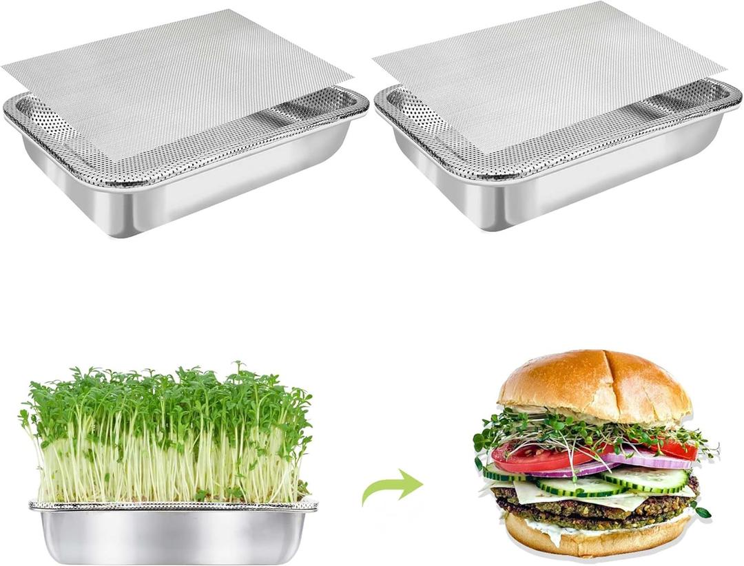 Stainless Steel Sprouts Growing Kit Trays 2-Tier 10.4 inch, Microgreens Growing Kit, Seed Sprouting Tray with Encrypted Mesh Sprouts for Beans Alfalfa Broccoli Seeds Wheat Grass (Silver)