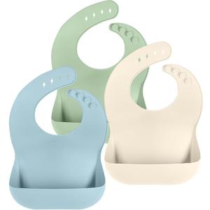 Cuddle Campus Set of 3 Silicone Bibs for Babies & Toddlers,Soft Adjustable Bibs with Pocket Food Catcher for Baby Girl,Boy