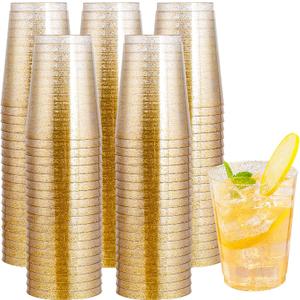 I00000 100 Pack 10oz Gold Plastic Cups, Premium Disposable Gold Glitter Plastic Cups for Martini and Cocktail,Hard Clear Cup with Gold Glitter Perfect for Fancy Wedding and Elegant Party