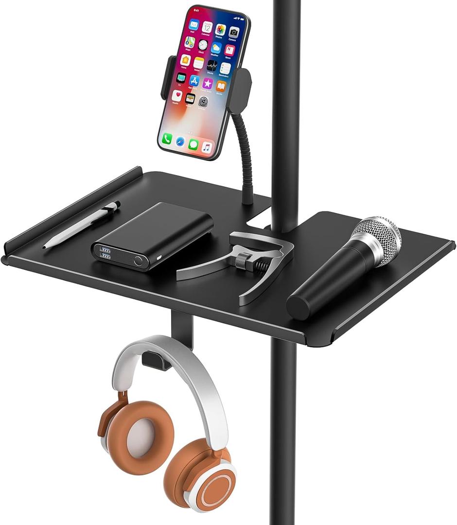 Metal Microphone Stand Tray with Mic Stand Phone Holder - 11.7" x 7.8" Functional Large Mic Stand Tray Shelf for Studio, Concert, Karaoke Clamp on Music Stand Shlef Attachment