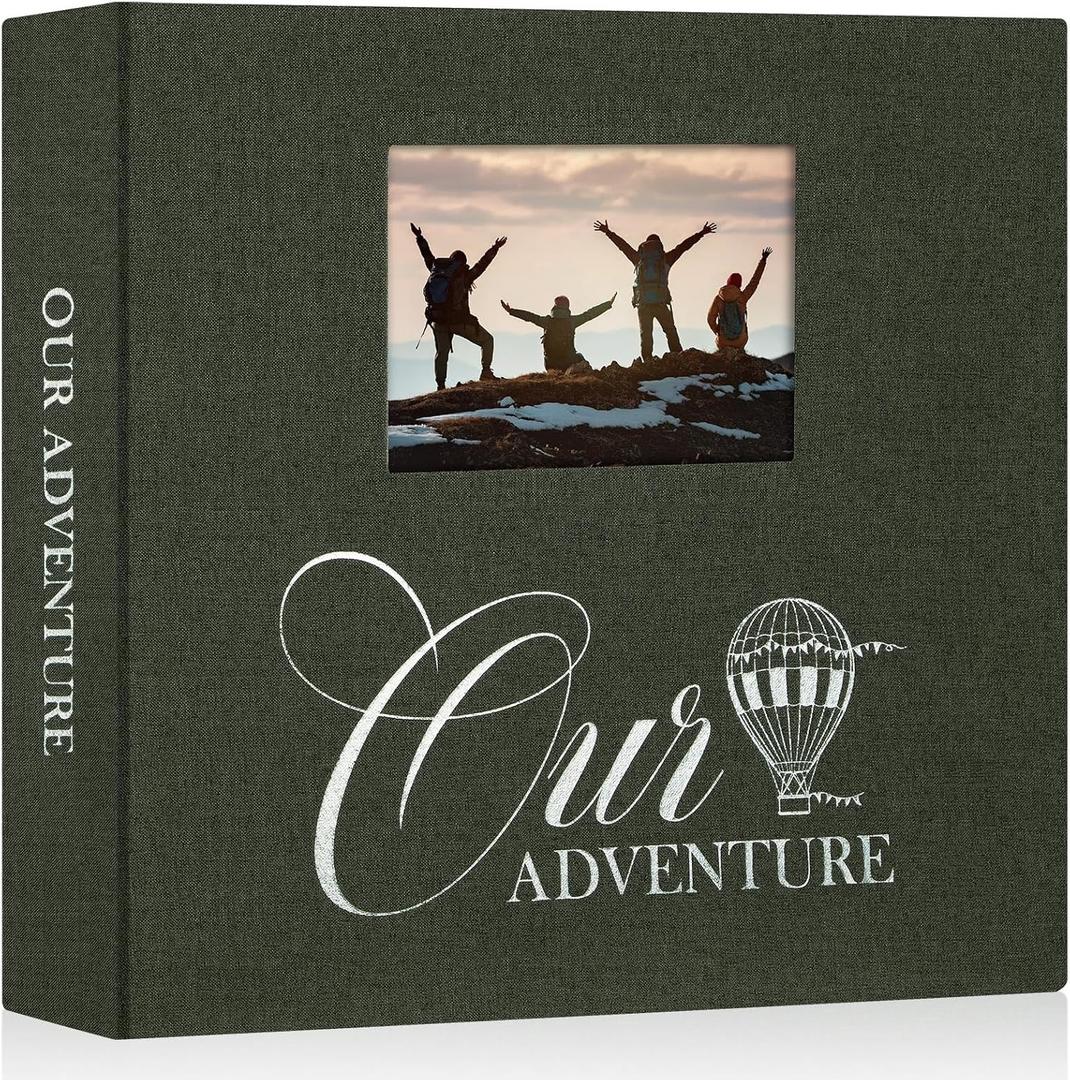 Lanpn Photo Album Scrapbook 12x12, OUR ADVENTURE Linen Cover Window Balloon Design Top Load 3 Ring Folder Binder Travel Photobook Photo Book 12 x 12 inch with 30 Plastic Sleeves 60 Pages Green