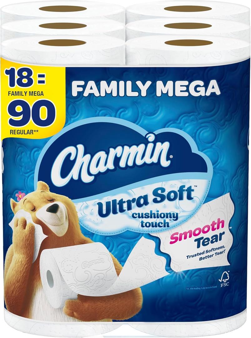 Charmin Toilet Paper Ultra Soft Cushiony Touch, 18 Family Mega Rolls = 90 Regular Rolls (288 Count (Pack of 18))