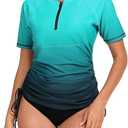 Halcurt Women's Half Zip Short Sleeve Rash Guard Swim Top with Bra Drawstring Adjustable UPF50+ Swimsuit (Large, Ombre Blue Turquoise)