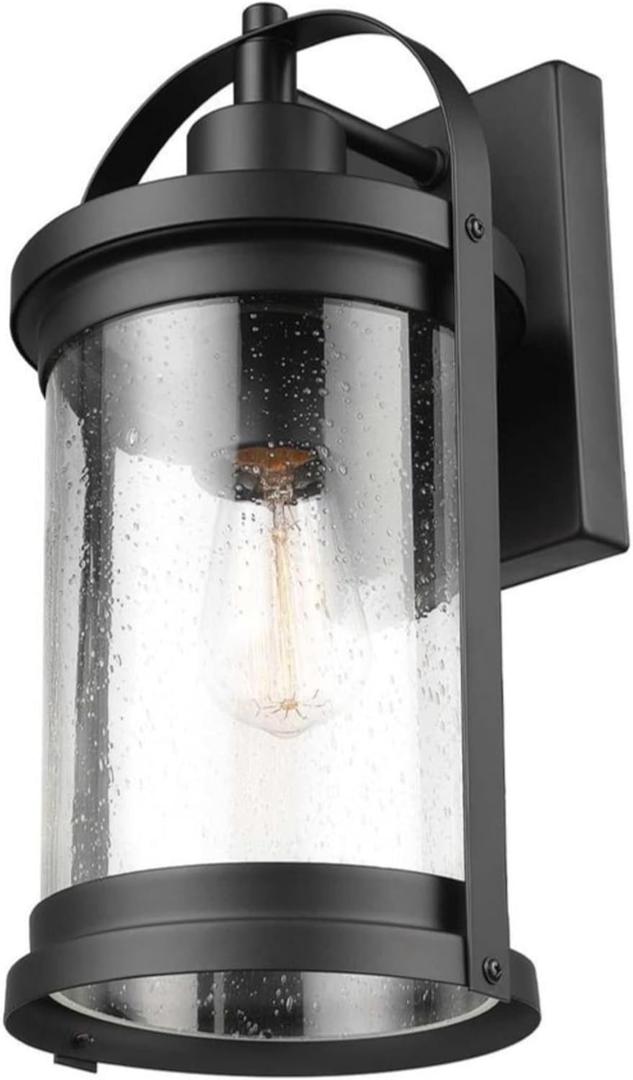 Xavier 1-Light Matte Black Hardwired Outdoor Indoor Wall Lantern Sconce with Seeded Glass Shade