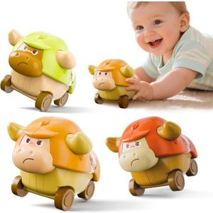 iPlay, iLearn Press to Go Car Toys for Toddlers, Baby Mini Animal Race Cars, 3pcs Infant Play Vehicle Set, Push Go Friction Bull Toys for 18 24 Month, Frist Birthday Gift for 2 3 Year Old Boys Girls