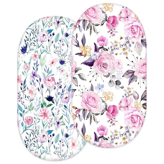Bassinet Sheet 2 Pack Ultra Stretch Bassinet Fitted Sheet for Baby Girls Boys, Soft Universal Snug Fits Rectangle, Oval and Hourglass Bassinet Pad/Mattress, Stylish Floral