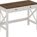 ChooChoo Farmhouse Desk 39" Computer Desk with Drawers, Small Study Writing Table with Stable X Frame for Home Office (Soft White)