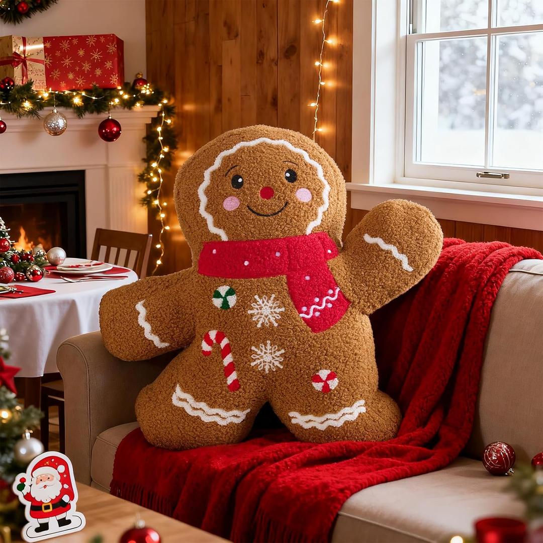 Lanpn Christmas Gingerbread Boy Pillow, Christmas Decoration Winter Throw Pillows Soft Fleece Sherpa Cute 3D Shaped Ginger Bread Man Throw Cushion for Sofa Bedroom Xmas Decor (18x18 inch)