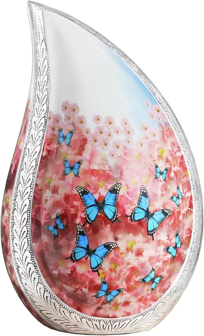 Urn for Ashes for Women & Male, Cremation Urns for Human Ashes Adult Female or Men, Funeral Decorative Tear Drop Urns, Burial Urn, Blue Butterfly & Pink Flower - Large Teardrop
