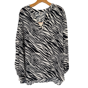 Anne Klein Women's Split Neck High Low Long SLV Blouse, Black&White, XXL