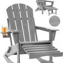 Folding Adirondack Rocking Chair,4-in-1 Multifunctional Patio Chair with Retractable Ottoman, Outdoor Chair Wood Texture, Lawn Chair for Porch, Backyard, Pool (Grey)