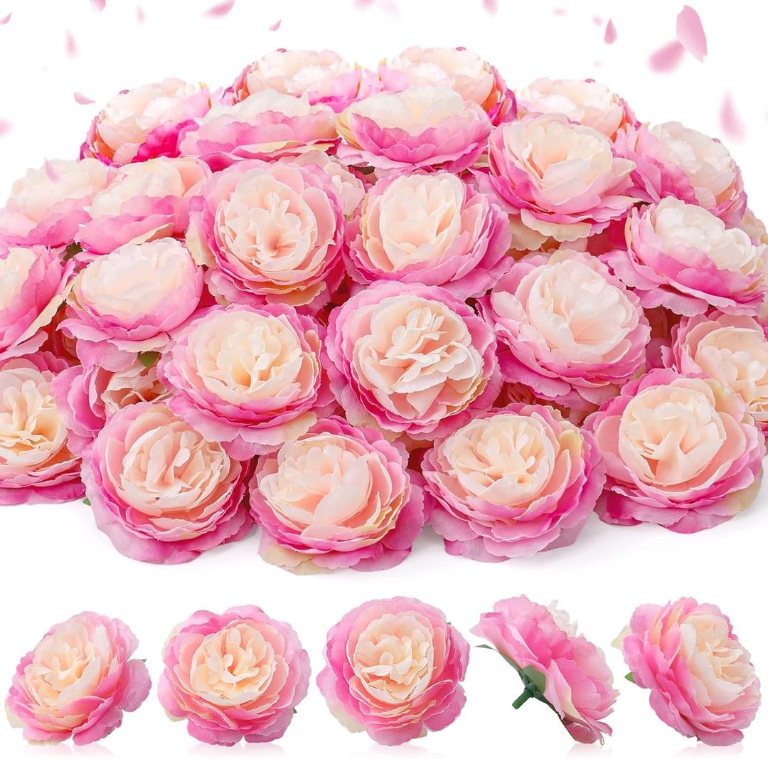 Thiccywoov 50 Pcs Artificial Flowers, 3.2 Inches Silk Rose Head Flowers Fake No Stem for Wedding Bridal Bouquet Home Floral Decor DIY Centerpieces Arrangements Party Tables Decoration(Pink Champagne)