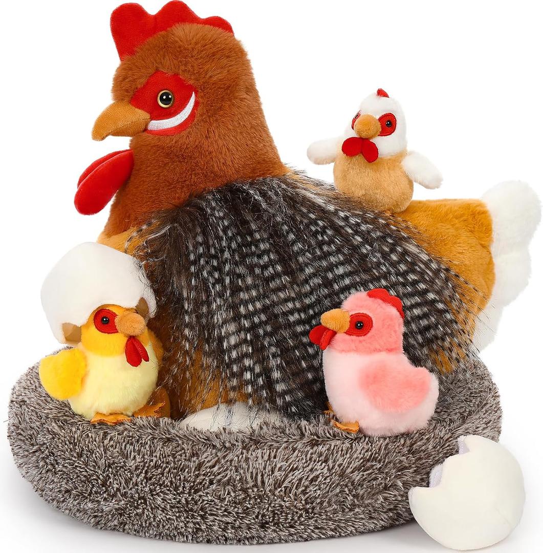 BENINY 8Pcs Chicken Stuffed Animal, Stuffed Hen with Little Baby Chicks and Coop, Plush Toys for Kids, Hit of Christmas Farm Party