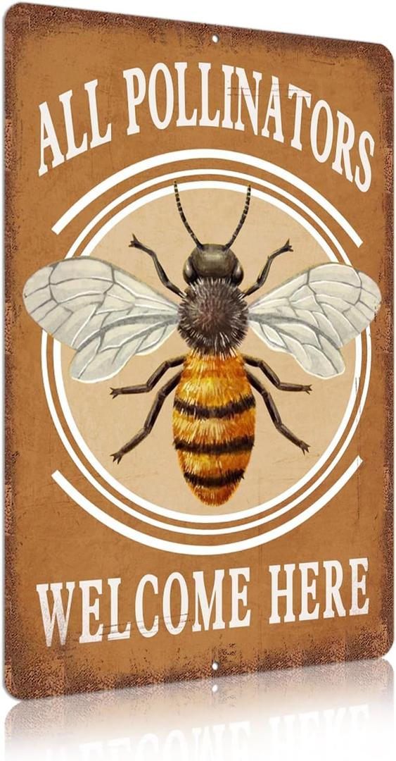 Vintage Garden Signs all pollinators welcome here Retro Yard Metel Tin Signs outdoor Aluminium Wall Decor (11.8" x 7.8")