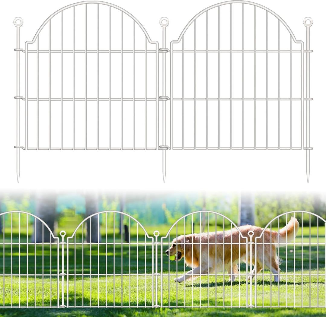 10 Panels No Dig Decorative Garden Fence for Yard, 24in (H) x 20ft (L) Rustproof Metal Wire Panel Border Animal Barrier Fencing for Dog, Rabbits, Flower Bed Edging Ornamental with Ground Stake, White