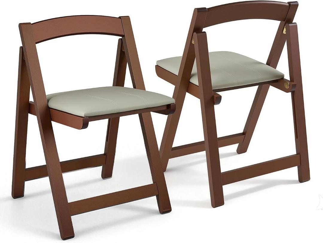 Wooden Folding Chairs Set of 2, Padded Folding Dining Chairs with Leather Soft Cushion, No Assembly Required Foldable Chair for Home Kitchen Office Party Picnic Wedding, 290 LB Max Weight Capacity, 17 inches x 16.4 inches x 26.5 inches