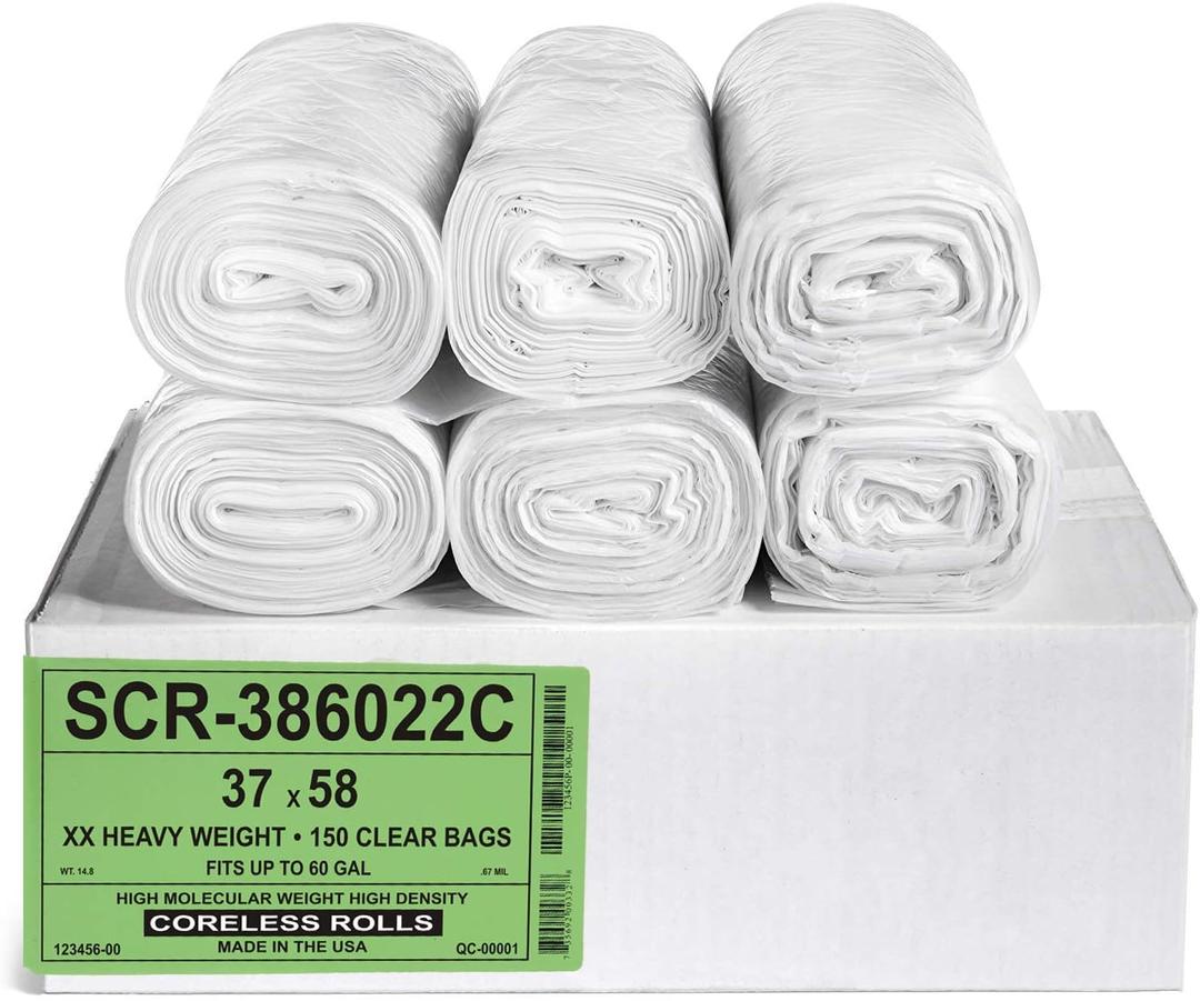 Aluf Plastics 55-60 Gallon Trash Bags - (Commercial 150 Pack) - Source Reduction Series Value High Density 22 Micron Gauge (equiv) - Intended Multipurpose (Clear)