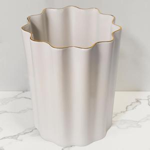 White and Gold Ceramic Fluted Small Bathroom Trash Can 2 Gal - Luxury Stone Trash Can-Heavy & Decorative Garbage Bin for Bathroom, Kitchen, Office, Bedroom & Living Room Corner (White and gold)