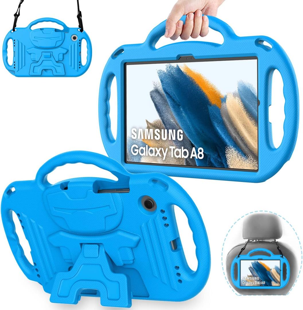 AVAWO Kids Case for Samsung Galaxy Tab A8 10.5 Inch 2022, Blue with Strap, Light Weight Shock Proof Handle Stand